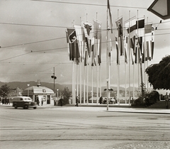 Svájc, Zürich, Bürkliplatz, háttérben a Zürichi-tó., 1939, Ebner, zászló, címer, zászlórúd, hangosbeszélô, Fortepan #83884