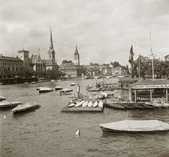 Svájc, Zürich, Limmat folyó a Quaibrücke-ről nézve, szemben a Fraumünster (Asszonyok katedrálisa) és a Szent Péter templom tornya., 1939, Ebner, templom, folyó, torony, Fortepan #83887