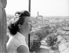 Hungary, Eger, látkép a Minaretből, távolban a Rác templom., 1947, Fortepan, portrait, shades, lady, earring, blouse, Fortepan #8434