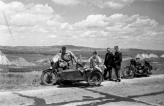 Magyarország, a 7-es főút Agárd és Dinnyés határán, háttérben a Velencei-hegység., 1955, Morvay Kinga, Morvay Lajos, motorkerékpár, oldalkocsis motorkerékpár, nádkéve, Fortepan #84405