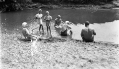 1958, Morvay Kinga, Morvay Lajos, bathing, odd one out, half-naked, damaged photo, strong, Fortepan #84470