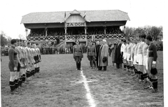 Croatia, Vinkovci, a város futballpályája., 1943, Morvay Kinga, Morvay Lajos, football, soccer team, grandstand, German soldier, Fortepan #84507