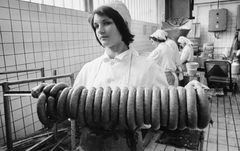 Hungary, Zalaegerszeg, Zala megyei Állatforgalmi és Húsipari Vállalat (Zalahús), kolbász füstölés előtt., 1976, Magyar Hírek folyóirat, portrait, sausage, kitchen, cap, lady, overall, sausage, meat industry, Fortepan #84633