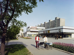 Magyarország, Miskolc, Győri kapu, Tokaj szolgáltatóház és Csemege ABC., 1975, Kádas Tibor, színes, cégtábla, babakocsi, panelház, virág, áruház, Csemege vállalat, tulipán, Fortepan #84790