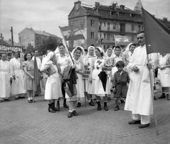 Hungary, Budapest VI.,Budapest XIII., a Margit kórház felvonuló dolgozói a Ferdinánd hídnál, háttérben balra a Váci út, szemben a Lehel utca melletti házak felett az Árpád-házi Szent Margit-templom tornya látható., 1948, Fortepan, doctor, march, nurse, Budapest, Fortepan #8499