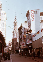 Hollandia, Amszterdam, Kalverstraat a Singel csatorna felé nézve., 1962, Métneki János dr, színes, mozi, torony, reneszánsz, harangtorony, Hendrick de Keyser-terv, Fortepan #85112