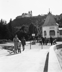 Magyarország,Balaton, Tihany, kikötő, Balatoni Akvárium, fent a Bencés Apátság., 1953, Császy Alice, látkép, apátság, Fortepan #85218