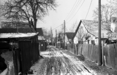 Magyarország, Rákospalota, Budapest XV., Báthory utca, a mára elbontott telep, a "Sódergödör" házai., 1982, Czunya György, tél, hó, földút, kerítés, sár, Budapest, Fortepan #85280