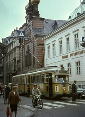 Denmark, Copenhagen, Borgergade a Fredericiagade felől nézve, középen az Alexander Nyevszkij orosz ortodox templom., 1966, Lőw Miklós, colorful, motorcycle, tram, historicism, onion dome, Russian Orthodox Church, David Ivanovich Grimm-design, Russian architecture, public transport line number, Fortepan #85623