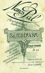 Magyarország, Székesfehérvár, Ligetsor 5., Nemes Pál fényképészeti műterme., 1900, Fehérvári József, műterem, fényképész, hátlap, Fortepan #85734