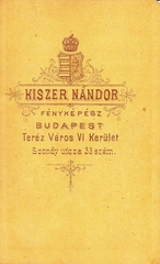 Magyarország, Budapest VI., Szondy utca 33., Kiszer Sándor fényképész., 1900, Kameniczky Attila, műterem, fényképész, hátlap, Budapest, Fortepan #85765