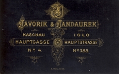 Szlovákia, Kassa,Igló, Hauptgasse 4. / Hauptstrasse 388., Javorik és Jandaurek fényképészek., 1900, Schermann Ákos, műterem, fényképész, hátlap, Fortepan #85816