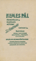 Magyarország, Székesfehérvár, Ligetsor 5., Nemes Pál fényképészeti és festészeti műterme., 1922, Székesfehérvár Városi Képtár, műterem, fényképész, hátlap, Fortepan #85894