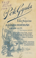 Magyarország, Székesfehérvár, Várkörút 29., Pete Gyula fényképész., 1911, Székesfehérvár Városi Képtár, műterem, fényképész, hátlap, Fortepan #85904