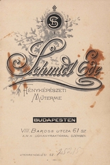 Magyarország, Budapest VIII., Baross utca 61., Schmidt Ede fényképészeti műterme., 1900, Tarcsai Mária, műterem, fényképész, hátlap, Budapest, Fortepan #85929