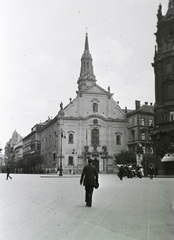 Magyarország, Budapest V., Ferenciek tere (Kígyó tér), szemben a Belvárosi Ferences templom., 1912, Schmidt Albin, templom, barokk-stílus, katolikus, automobil, Budapest, Ferences rend, Fortepan #86051