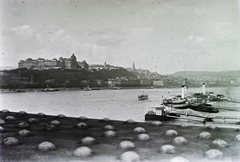 Hungary, Budapest V., a budai Vár látképe az Erzsébet híd pesti hídfőjétől, jobbra a Petőfi téri hajóállomás., 1912, Schmidt Albin, bridge, picture, palace, steamboat, Budapest, Fortepan #86069