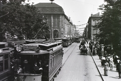 Németország, Berlin, Leipziger Platz, szemben a Leipziger Strasse, balra a Wertheim Áruház., 1914, Schmidt Albin, hintó, villamos, fogat, áruház, viszonylattábla, bevásárlóközpont, Alfred Messel-terv, viszonylatszám, Fortepan #86186