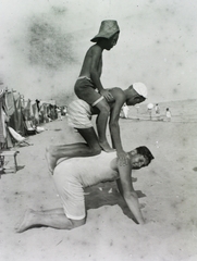 1910, Schmidt Albin, beach, toy, human pyramid, sitting on the back of a man, Fortepan #86293