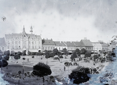 Románia,Erdély, Szatmárnémeti, Deák tér (Piata Libertatii), balra a Pannónia (később Dacia) hotel., 1907, Magyar Földrajzi Múzeum / Erdélyi Mór cége, szálloda, szecesszió, sérült kép, Art Nouveau, Bálint Zoltán-terv, Jámbor Lajos-terv, Fortepan #86446