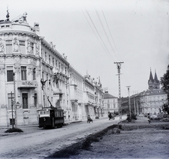 Románia,Erdély, Temesvár, Liget-sor (most Bulevardul 3 August 1919), jobbra a háttérben a Millenniumi templom tornyai., 1904, Magyar Földrajzi Múzeum / Erdélyi Mór cége, villamos, katolikus, Fortepan #86452