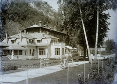 Hungary, Lillafüred, Miskolc, Lilla szálló., 1930, Magyar Földrajzi Múzeum / Erdélyi Mór cége, hospitality, bridge, sunshades, terrace, garden pavilion, Fortepan #86476