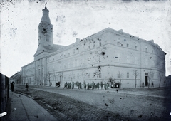 Románia,Erdély, Szatmárnémeti, Kazinczy utca (Strada Stefan cel Mare) Zárdatemplom (Szeplőtelen Szűz Mária templom) és a zárda., 1914, Magyar Földrajzi Múzeum / Erdélyi Mór cége, templom, kerengő, Fortepan #86587