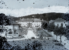 Slovakia, Bardejovské Kúpele, Deák Szálloda, előtte Erzsébet királyné szobra., 1912, Magyar Földrajzi Múzeum / Erdélyi Mór cége, health resort, Fortepan #86605