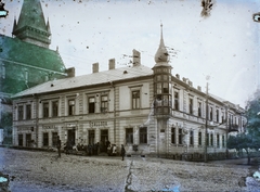 Szlovákia, Bártfa, Hungária Szálloda, balra a háttérben a Szent Egyed templom, 1912, Magyar Földrajzi Múzeum / Erdélyi Mór cége, templom, szálloda, Fortepan #86606