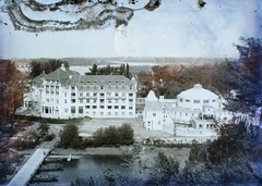 Szlovákia, Pöstyén, Fürdősziget, Thermia Palace szálló és az Irma fürdő., 1911, Magyar Földrajzi Múzeum / Erdélyi Mór cége, híd, folyó, szálloda, sziget, fürdő-ház, Hegedűs Ármin-terv, Henrik Böhm-terv, Fortepan #86629