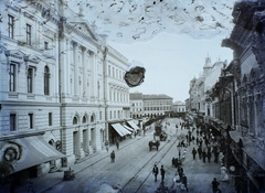 Románia,Erdély, Arad, az Aradi Klasszikus (Ioan Slavici) Színház oldalhomlokzata, szemben a Szabadság tér (Piata Avram Iancu)., 1915, Magyar Földrajzi Múzeum / Erdélyi Mór cége, lóvasút, kitérő, sérült kép, napellenző, Czigler Gyöző-terv, Fortepan #86676