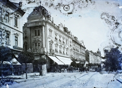 Románia,Erdély, Arad, Salacz utca (Strada Grigore Alexandrescu), Központi Szálloda., 1915, Magyar Földrajzi Múzeum / Erdélyi Mór cége, lóvasút, sérült kép, napellenző, Fortepan #86677