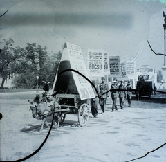 Hungary, Budapest VI., Andrássy út, háttérben a későbbi Hősök tere., 1907, Magyar Földrajzi Múzeum / Erdélyi Mór cége, Budapest, ad, label, cart, damaged photo, banner, donkey, march, Fortepan #86713