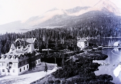 Szlovákia,Magas-Tátra, Csorba-tó, balra az Auguszta villa, mögötte a Mária Terézia villa, jobbra a Tivoli villa., 1906, Magyar Földrajzi Múzeum / Erdélyi Mór cége, erdő, tengerszem, Tátra hegység, Gedeon Majunke-terv, Fortepan #86824