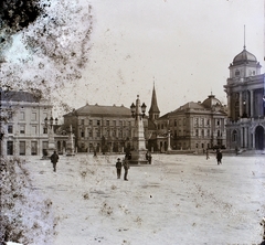 Horvátország, Zágráb, Színház tér (Trg maršala Tita), jobbra a Nemzeti Színház, háttérben az evangélikus templom tornya., 1908, Magyar Földrajzi Múzeum / Erdélyi Mór cége, templom, nemzeti színház, tér, Fortepan #86929