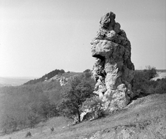 Magyarország, Pilis hegység, Piliscsaba, Ördögoltár, távolabb a Gomba-szikla látható., 1949, Gyöngyi, szikla, látkép, Fortepan #8694