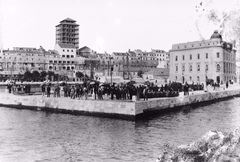 Horvátország,Adria, Split, kikötő, háttérben a Szent Domnius székesegyház felállványozott tornya., 1901, Magyar Földrajzi Múzeum / Erdélyi Mór cége, torony, állvány, kikötő, Fortepan #86979