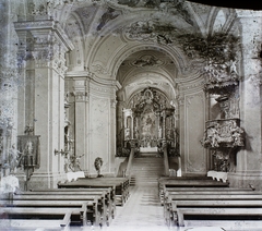 Magyarország,Balaton, Tihany, Apátsági templom., 1908, Magyar Földrajzi Múzeum / Erdélyi Mór cége, barokk-stílus, szószék, freskó, templombelső, szentély, Szent Miklós-ábrázolás, oltárkép, faszobor, Fortepan #86995