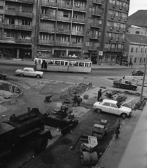 Hungary, Budapest II., Margit körút (Mártírok útja) - Horvát utca - Bem József utca sarok., 1972, Urbán Tamás, street repair, tram, road roller, Peugeot-brand, Budapest, Fortepan #87583