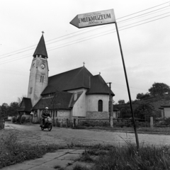 Hungary, Zebegény, Havas Boldogasszony-templom (Kós Károly és Jánszky Béla)., 1972, Urbán Tamás, church, street view, Secession, scooter, Catholic Church, Art Nouveau architecture, Dénes Györgyi-design, Béla Jánszky-design, Károly Kós-design, Fortepan #87657