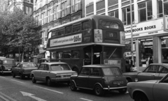 United Kingdom, London, Charing Cross Road, balra szemben a Denmark Street torkolata., 1976, Urbán Tamás, book store, double-decker, automobile, number plate, Fortepan #88820