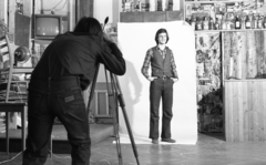 Hungary, Budapest XI., 1976, Urbán Tamás, smile, studio, photography, photographer, tripod, Budapest, hands in pockets, plaid shirt, Fortepan #89362