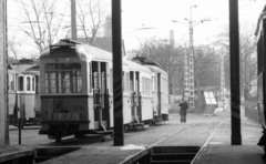 Hungary, Budapest XIII., Váci út, Újpest kocsiszín., 1976, Urbán Tamás, booth, tram, lamp post, destination sign, Trailer car, Budapest, carbarn, public transport line number, Fortepan #89458