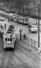 Hungary, Budapest XIII., Váci út, Újpest kocsiszín., 1976, Urbán Tamás, Lada-brand, Zuk-brand, tram, destination sign, Budapest, public transport line number, Fortepan #89460