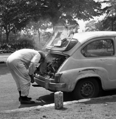 Magyarország, 1969, Urbán Tamás, autójavítás, Fiat 600, szerelés, marmonkanna, Fortepan #89592