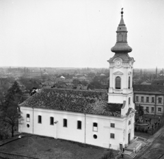 Magyarország, Monor, Kossuth Lajos utca, református templom. A felvétel a katolikus templom tornyából készült., 1969, Urbán Tamás, templom, háztető, Fortepan #89824