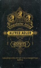 Románia,Erdély, Beszterce, Adler Alfred fényképész. A felvétel 1884-ben készült., 1900, Mészöly Leonóra, műterem, fényképész, hátlap, Fortepan #90036