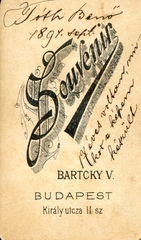 Magyarország, Budapest VII., Király utca 11., Bartcky Victor fényképész. A felvétel 1897-ben készült., 1900, Mészöly Leonóra, műterem, fényképész, hátlap, Budapest, Fortepan #90045