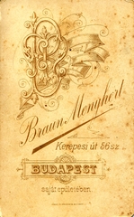 Magyarország, Budapest VII., Rákóczi (Kerepesi) út 56., Braun Menyhért fényképész. A felvétel 1890-ben készült., 1900, Mészöly Leonóra, műterem, fényképész, hátlap, Budapest, Fortepan #90061