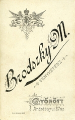 Magyarország, Győr, Andrássy út 27., Brodszky Miklós fényképész. A felvétel 1880-ban készült., 1900, Mészöly Leonóra, műterem, fényképész, hátlap, Fortepan #90068